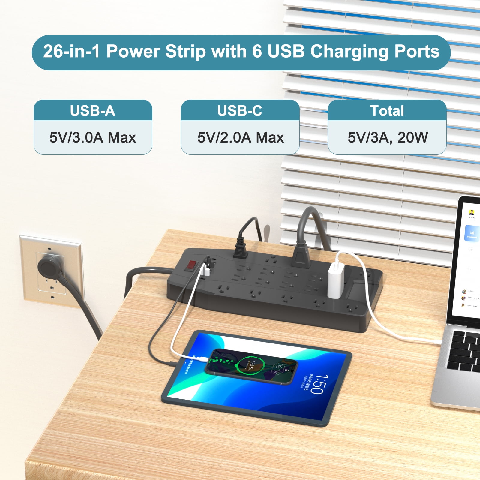 ZHANGONG 2000J Surge Protector Power Strip with 20 Outlets & 6 USB Ports (2 USB-C), 15A 1875W, 6.5ft Extension Cord, Flat Plug, Wall Mountable for Home Office Desk