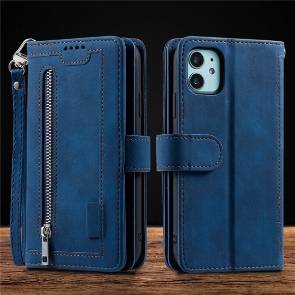 WillCase Wallet Leather Magnetic Case Shockproof Leather Zipper Flip Cover Credit Card Holder fir iPhone 13 Pro (Brown)