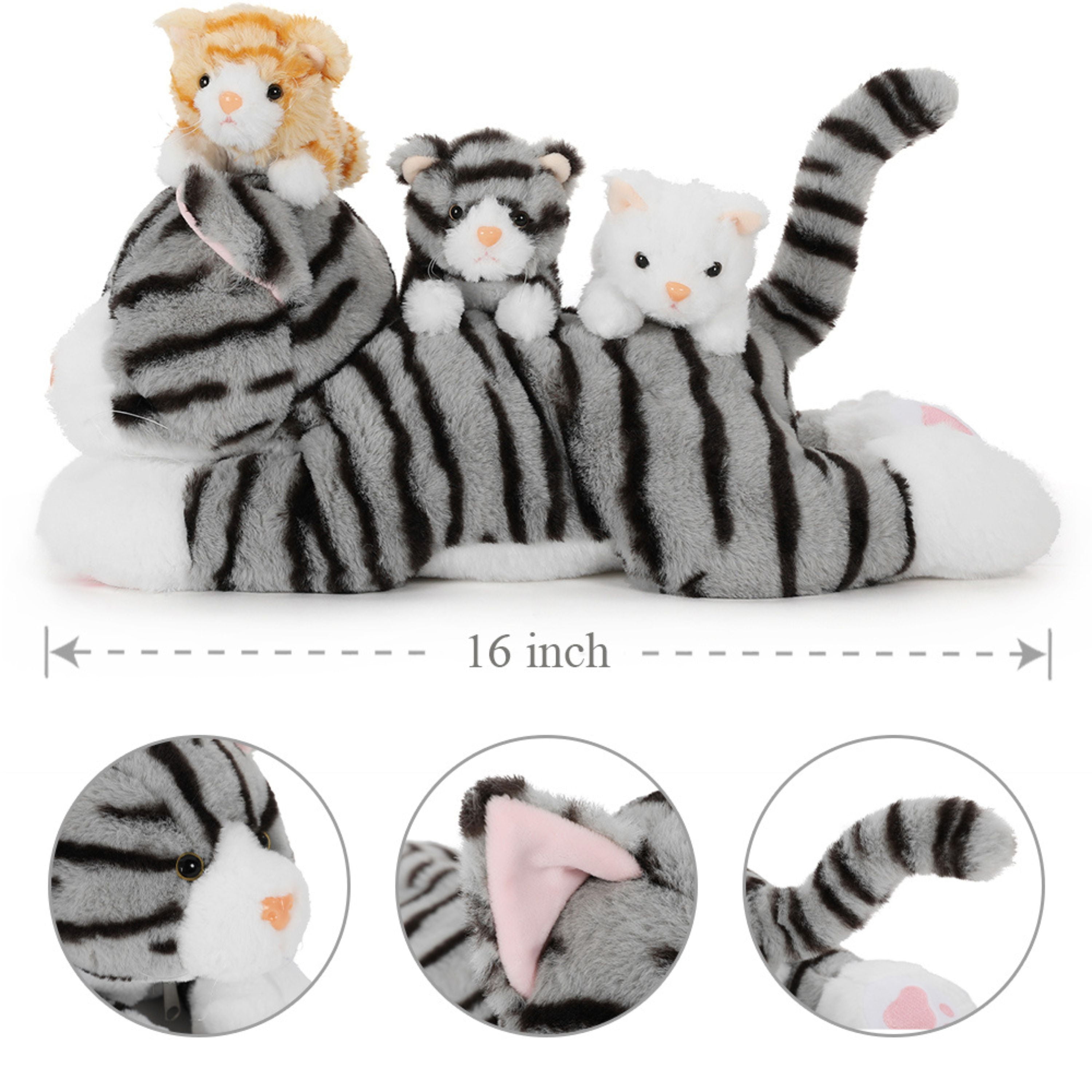 Tezituor 4Pcs Cat Stuffed Animal 16.5" Giant Cat Plush with 3 Babies Plush Toy