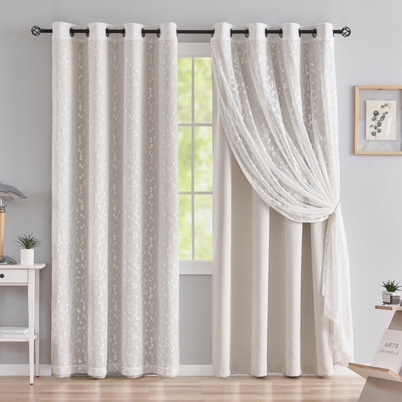Flowpartex Mix Match Grommet Full Blackout Window Curtains for Bedroom Lace Leaf Sheer Panels For Living Room, Beige & White, Window Treatment Set of 4,52" W x 84" L