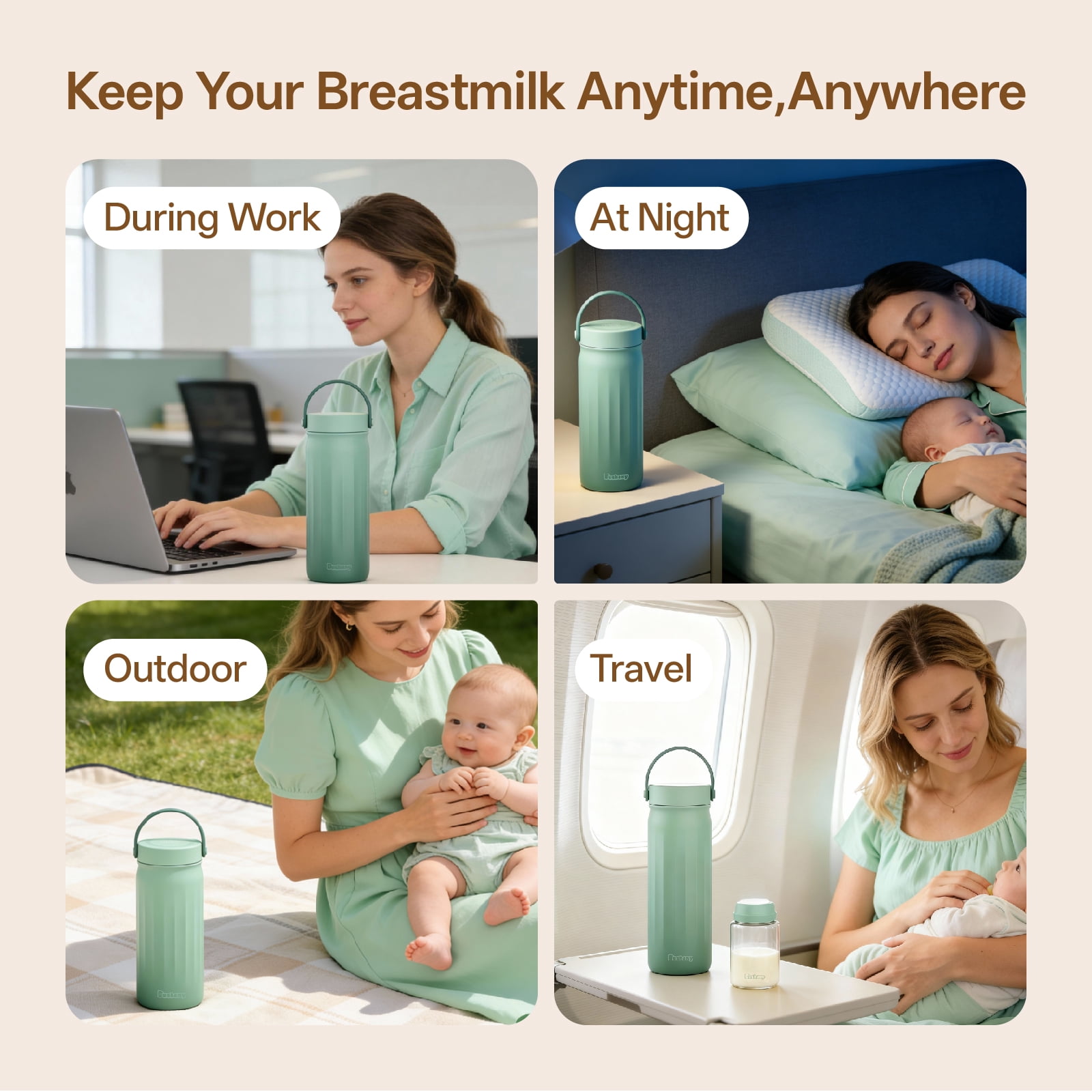 Dushany 22oz Portable Breast Milk Cooler Bag, 24H 360° Cooling Travel Chiller with 2 Storage Bottles for Breast Milk, Green