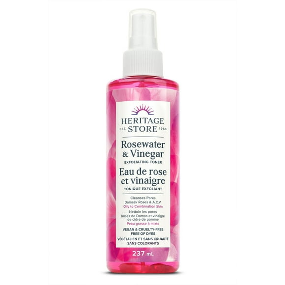 Heritage Store - Tonifiant exfoliant au vinaigre d'eau de rose | Clense les pores et clarifie | Végétalien et sans cruauté envers les animaux | Sans colorants | Type de peau grasse à mixte | 237 ml