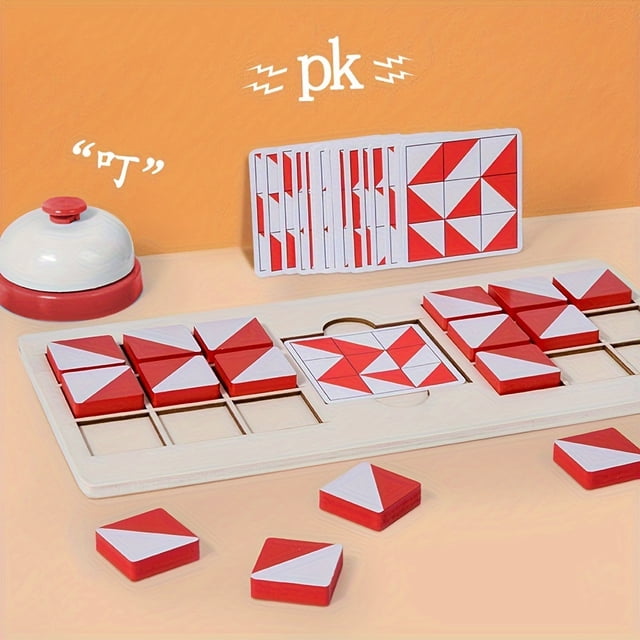 Wooden Pattern Blocks Matching Game, Wooden Color Sorting Stacking Game, Montessori Sensory Educational Toy, Quick Matching Game with Bell and Cards, Great Christmas Birthday Gift for Kids Boys Girls