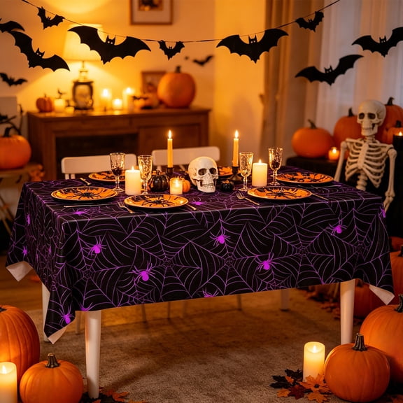 Halloween Spiderweb Tablecloth, 107.87x53.94in Waterproof Plastic Table Cover for Haunted House and Party Decorations