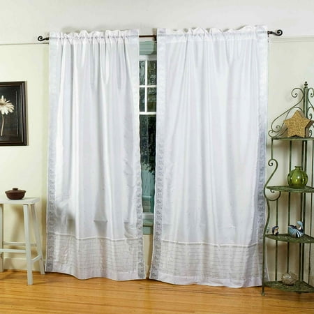 White Silver Rod Pocket Sheer Sari Curtain Drape Panel Pair