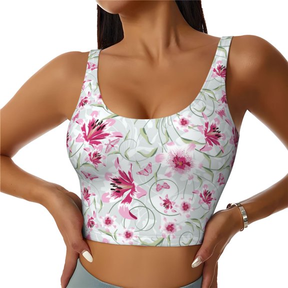 Sports Bras for Women High Support -Lilies Flowers Purple Red Soft Athletic Crop Workout Tank Top for Women