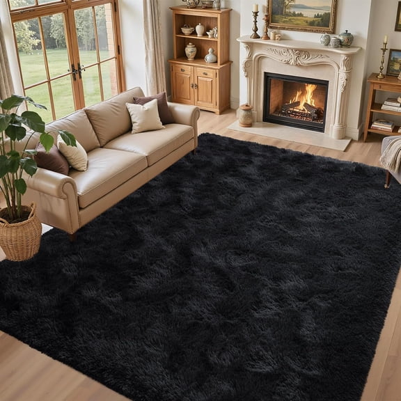 5'x7' Black Shag Area Rug for Living Room, Ultra Soft Fluffy Plush Bedroom Carpet, Non Slip Modern Indoor Rug for Nursery, Kids Playroom, Dorm & Office Floor Decor