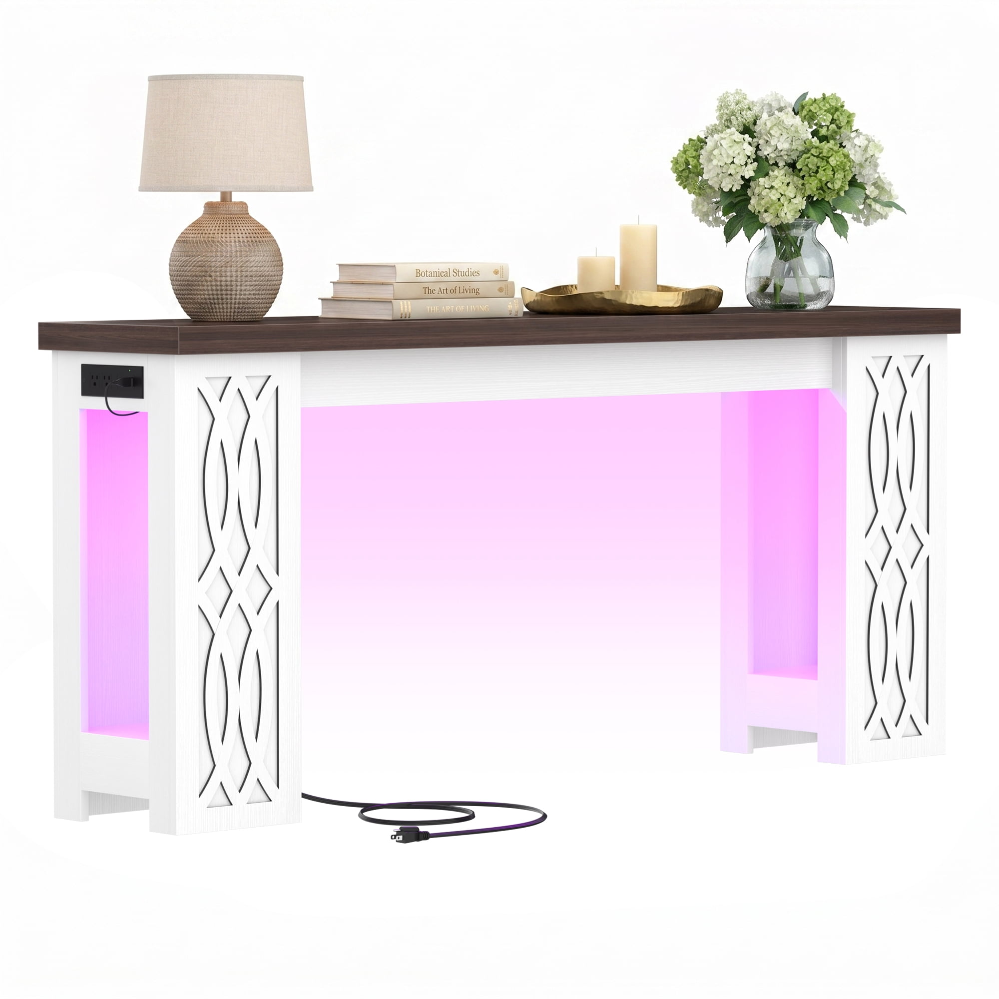 Homieasy 63'' Farmhouse Console Table with Charging Station and LED Lights for Hallway, Entryway, Living Room, White & Walnut