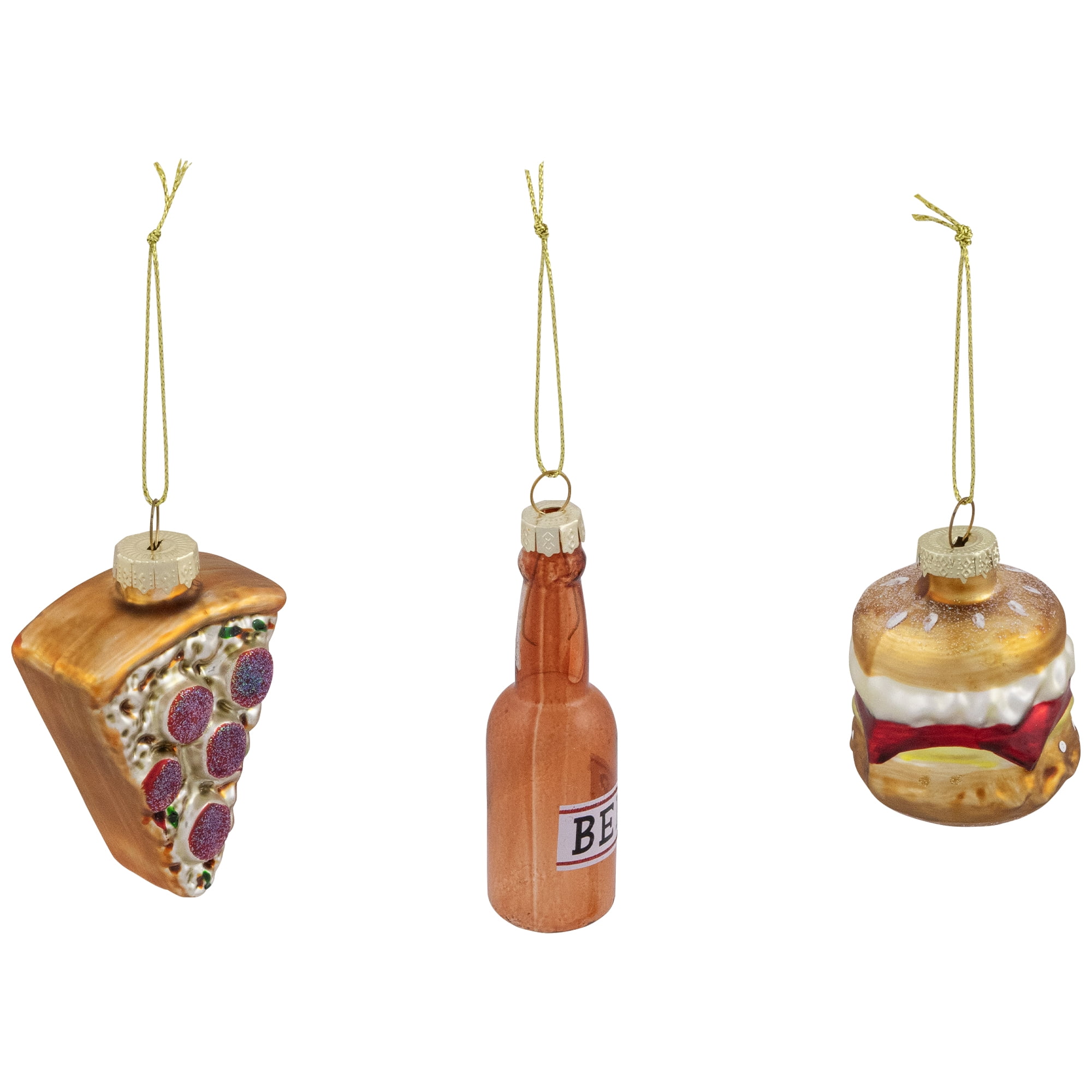 Northlight Pizza, Burger and Beer Glass Christmas Ornaments - 3.5" - Set of 3