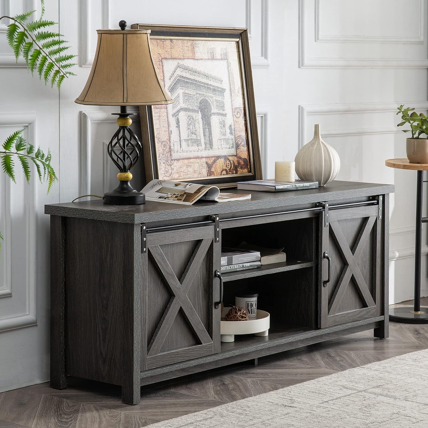 Reliancer Farmhouse TV Stand for TVs up to 65”, with Sliding Barn Doors, Dark Grey
