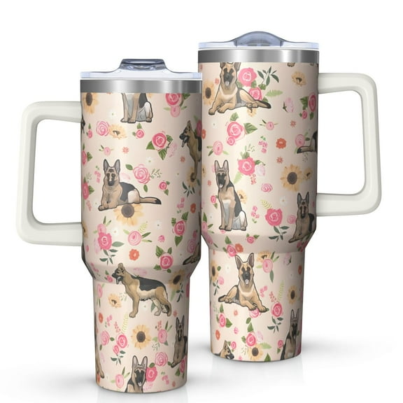 OBREWU German Shepherd Dog and Flower Tumbler with Handle and Lid,German Shepherd Dog and Flower 40oz Double Wall Vacuum Insulated Tumbler,Cups Gift for Women and Men