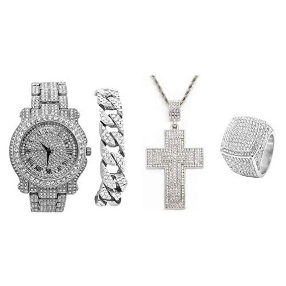 Bling'ed Out Hip Hop Cross Pendant - Iced Luxury Watch Covered w/Crystal Clear Rhinestones - Iced Cuban Bracelet & Bling Ring Set - Shine Like a Celebrity (11, SLV L0504 3D Cross 4pc Set)