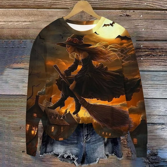 VKOYWKM Halloween Sweatshirts Women Oversized Witch Graphic Sweatshirts Crewneck Long Sleeve Fall Sweatshirt Vintage Spooky Halloween Pullover Sweatshirts