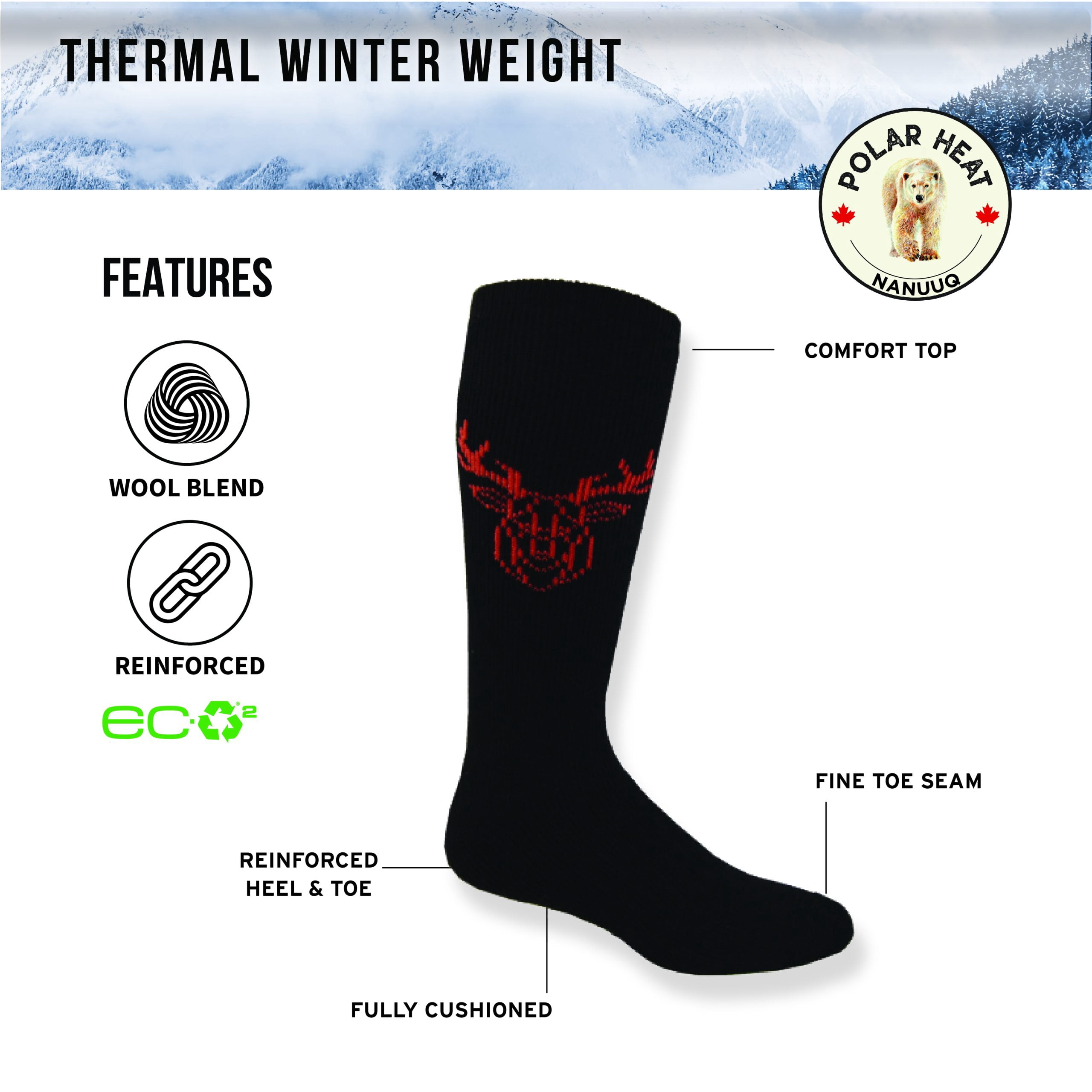 Polar Heat Nanuuq Wool Crew Socks, Cushioned Socks for Men, Black Blaze, 3 Pairs