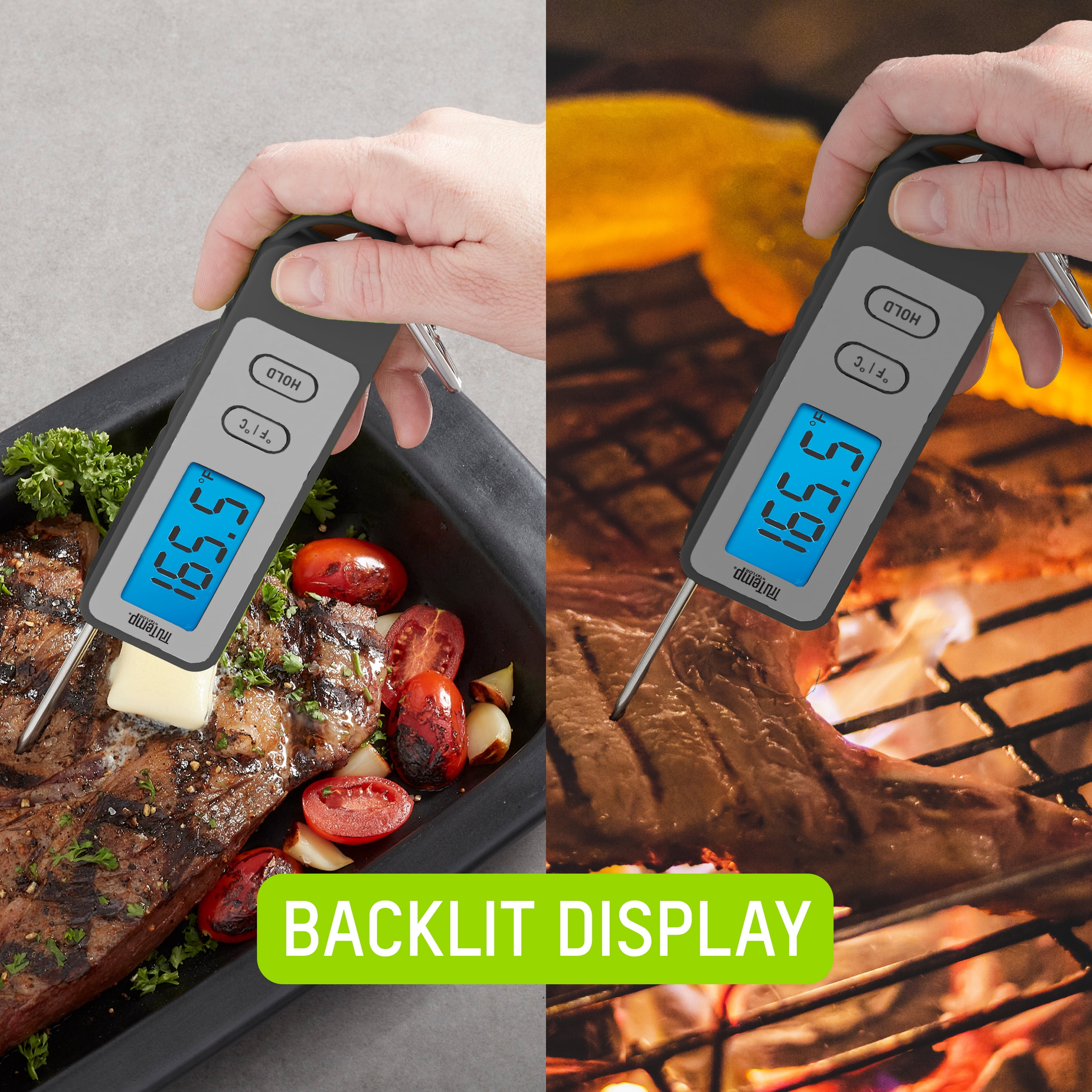 TruTemp Compact Battery Powered Digital Folding Meat Thermometer with Carabiner Clip, Gray