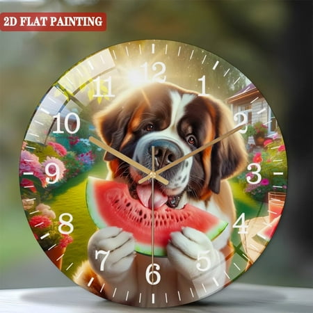 Decorative Clocks: Saint Bernard Eating Watermelon Glass Wall Clock ,Dog Lover Wall Clock for Homes, Bars, Offices, Man Caves, Garages, And Living Rooms. .Also Makes A Great Gift.Housewarming Gift