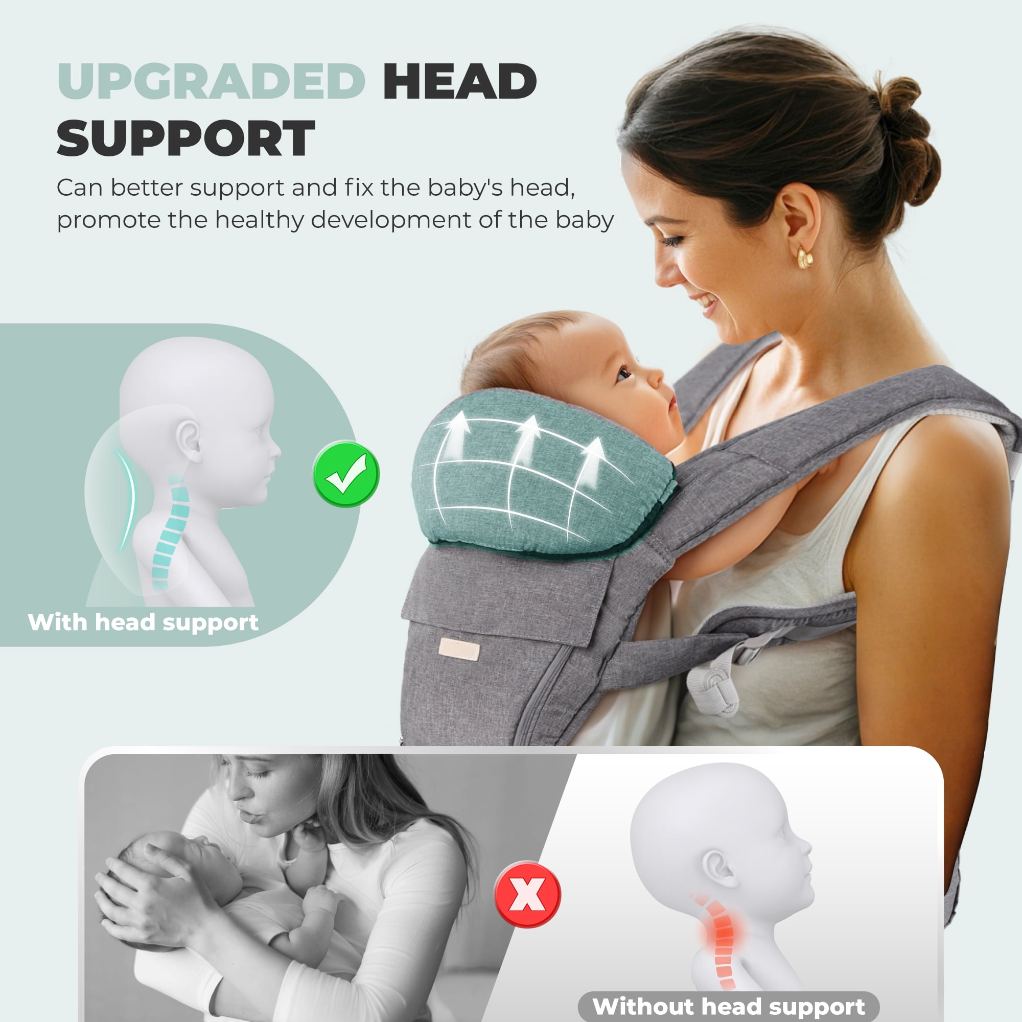 Scafild | 6-in-1 Baby Carrier with Waist Stool Hip Seat&Head Support for Breastfeeding Newborn Infant Toddler - Light Gray