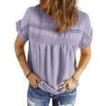 thumbnail image 2 of UVN Summer Shirts for Women Short Sleeve Blouses Ladies Crewneck Lace Crochet Tops Dressy Chiffon Blouses, 2 of 7