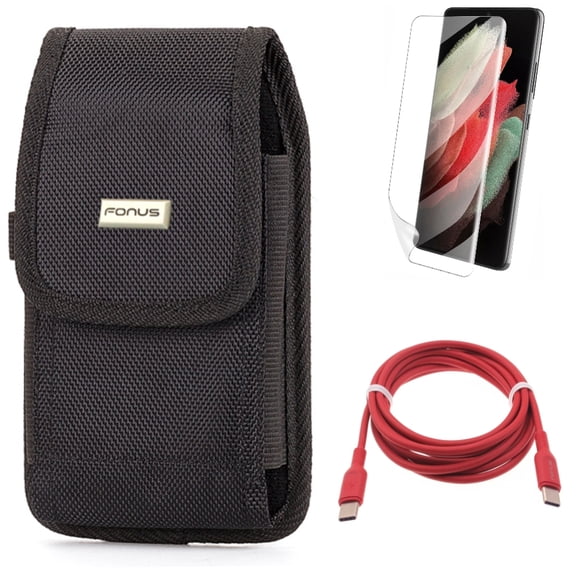 Case Belt Clip w Red 6ft Long Cable w Matte Screen Protector for Samsung Galaxy S21 Plus - Rugged Holster, USB-C to Type-C PD Fast Charger, TPU Film Anti-Glare Accessory Bundle