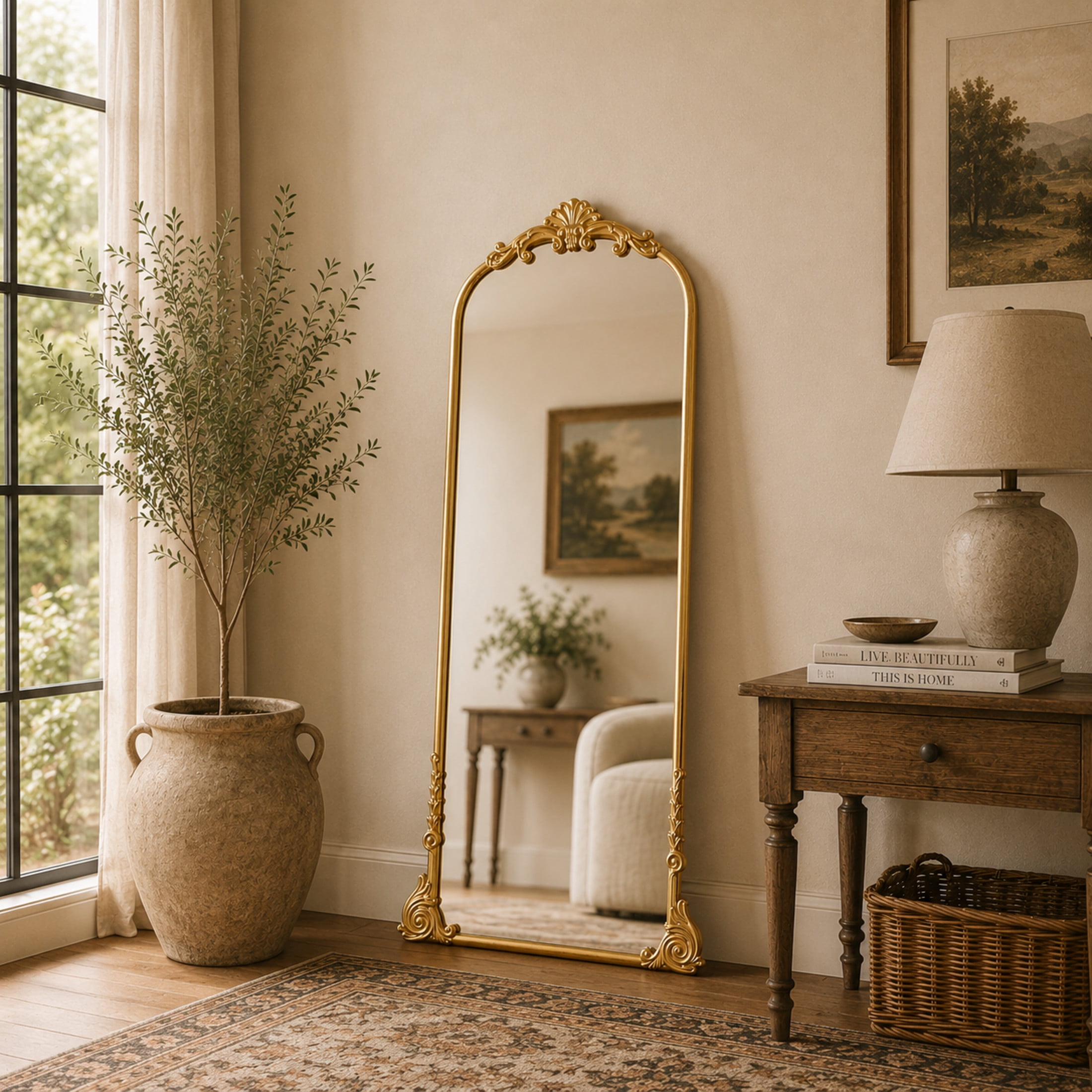 DecMode 30" x 66" Gold Metal Scroll Tall Ornate Arched Baroque Floor Mirror