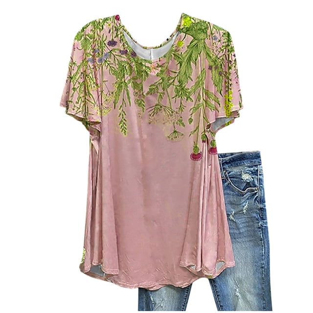 Chemises à Manches Courtes pour Femmes Dames Décontractées Imprimé Manches Courtes Pull Col Rond Hauts Chemises Blouse Hauts Décontractés pour Femmes Hauts Décontractés Dames Manches Courtes