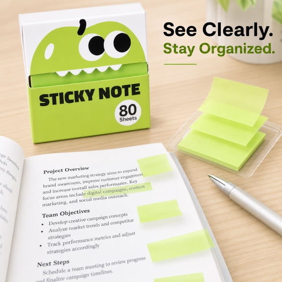 BSMAT Transparent Glitter Sticky Notes, 80 Sheets Transparent Sticky Notes with Cute Fruit Dispensers for Journaling, Books & Planners(Light Green)