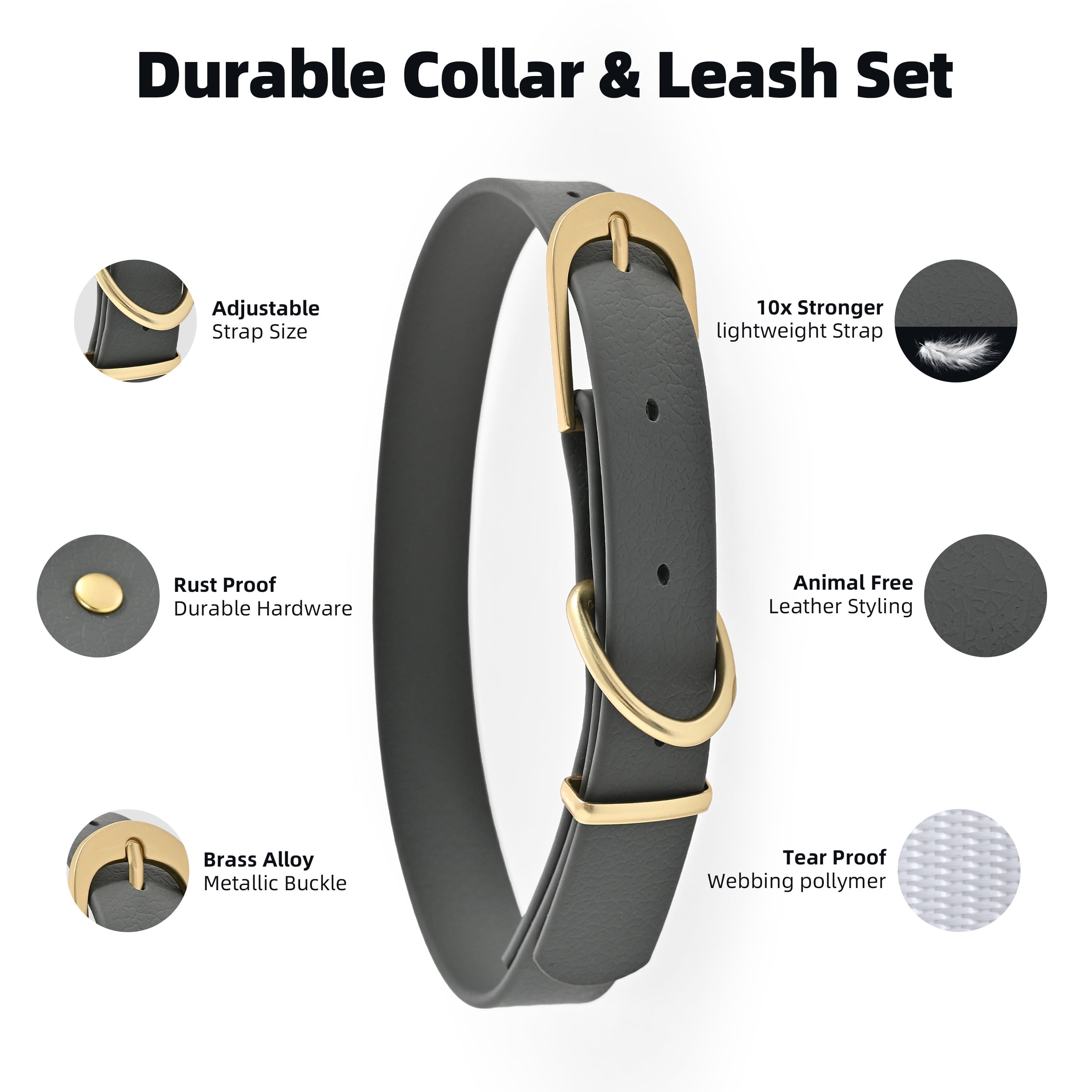 Max & Marlow Waterproof TPU Coated Dog Collar and 5 ft Leash Set, Gray, Small