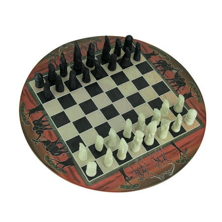 Hand Carved Chess Pieces - African Sunset Hand Painted 11.75 inch Round Chess Set Hand Carved Pieces