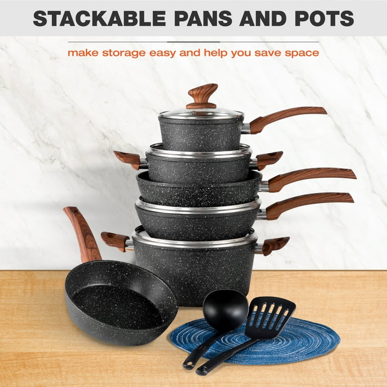 MF Studio 15 Piece Nonstick Kitchen Cookware Sets - Granite Hammered Pots  and Pans Set, Induction & Dishwasher Safe (Black) 