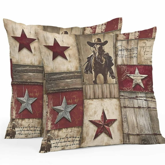 Waterproof Throw Pillow Covers Set of 2, 20x20 Inch Texas Star Vintage Decorative Pillowcases Outdoor Pillow Slip Cushion Covers Set for Couch Tent Western Cowboy Country Wooden