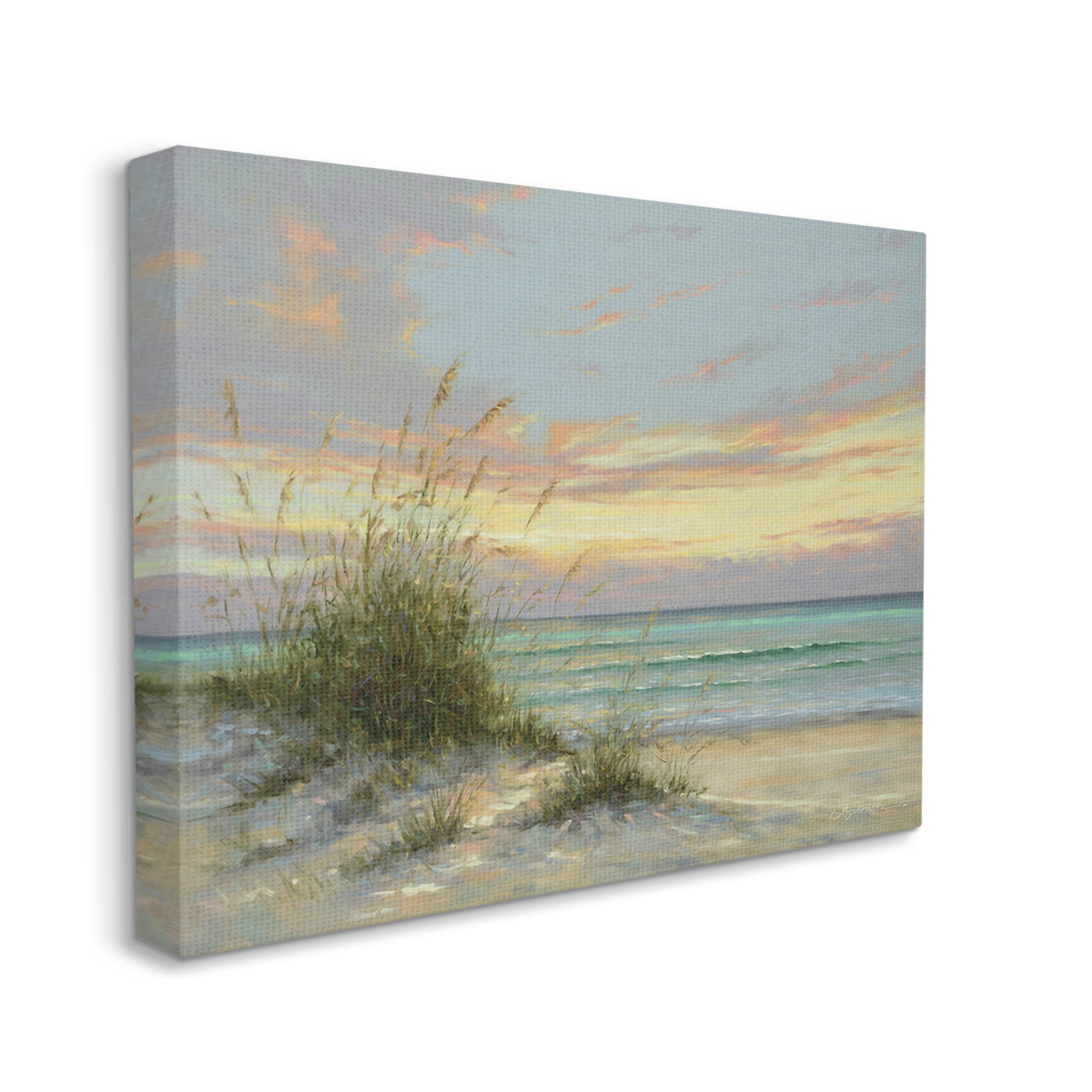 Beach Grass Vivid Sunset Coastal Painting Gallery Wrapped Canvas Print Wall Art