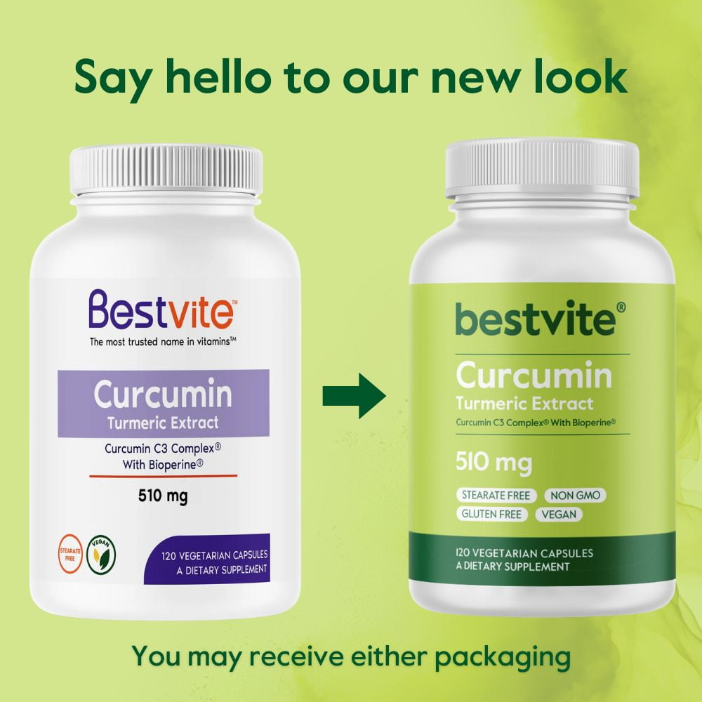 BESTVITE Curcumin 510mg (Turmeric)(120 Vegetarian Capsules) with Curcumin C3 Complex & Bioperine - Standardized to 95% Curcuminoids - No Stearates - No Fillers - Vegan - Non GMO - Gluten Free
