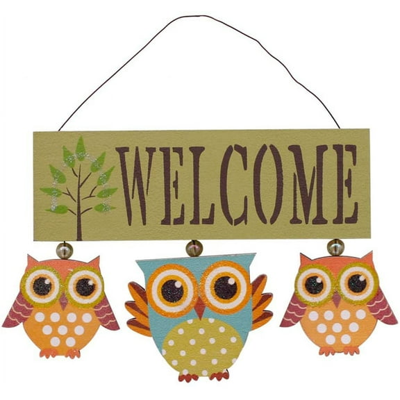 Wooden Owl Welcome Sign Front Door Decor Hanging Wall Art 12x7.75inch Decorative Hanging Sign (Green)