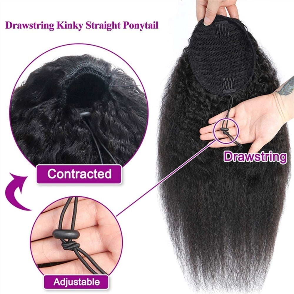 Human Hair Ponytail Clip in Hair Piece 10"-26" Kinky Straight Ponytail Extensions Remy Hair Yaki Straight Ponytail Hairpieces, Natural Black