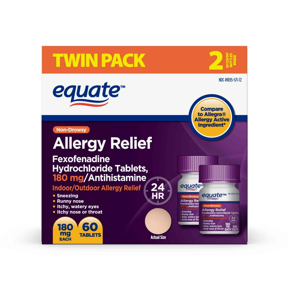Equate NonDrowsy Allergy Relief, Fexofenadine HCl Tablets, 180 mg, 2x30 Count