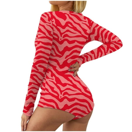 

Womens Sexy Butt Flap Short Jumpsuits Heart Print Long Sleeve Onesies Pajamas Button V Neck Bodysuit Sleepwear Rompers