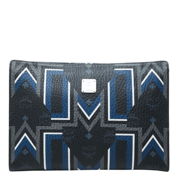 Pre-Owned MCM Logo Clutch Bag, Second Black, Gray, Blue Leather, Women's.