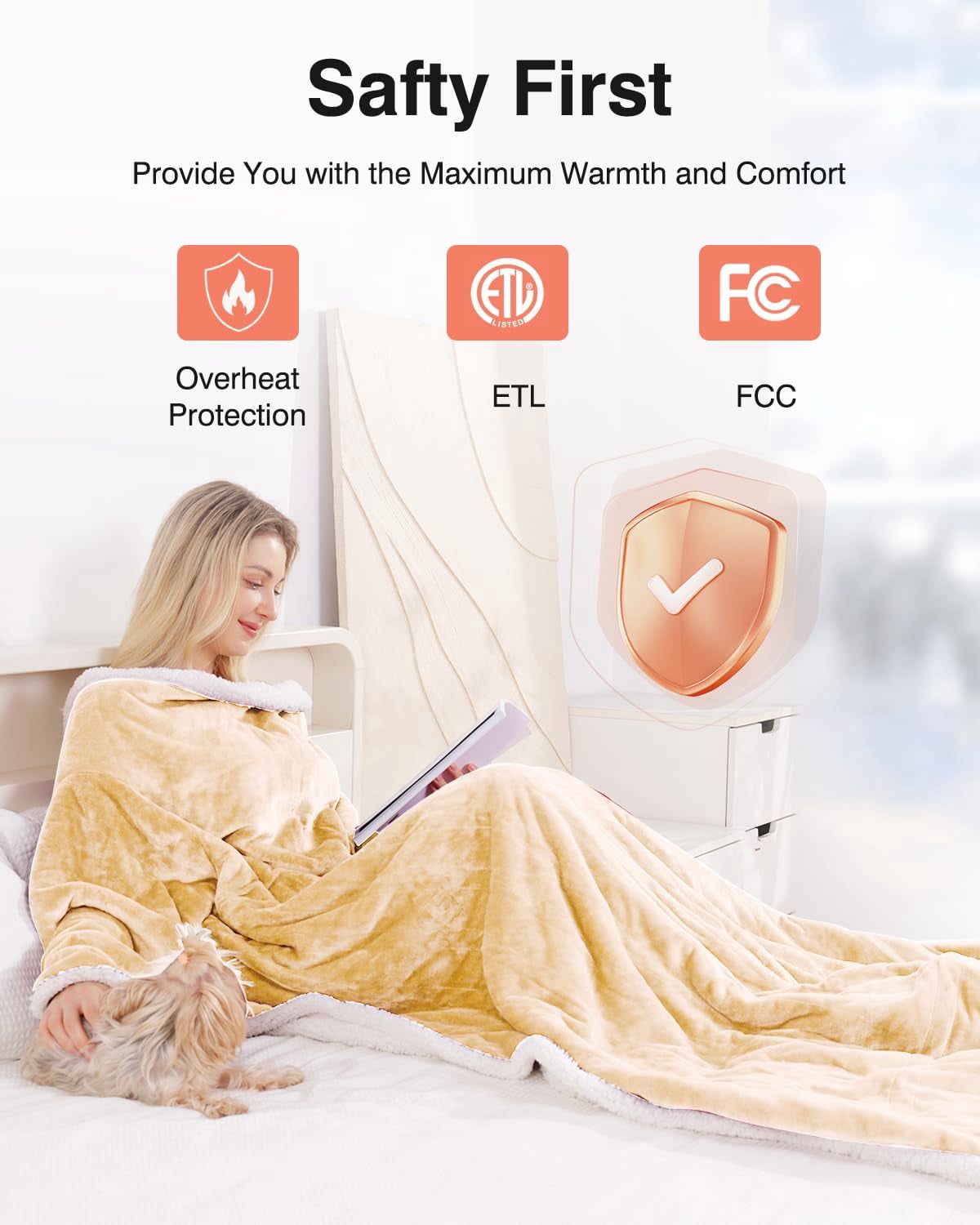 Ocuuziisu Wearable Heated Throw Blanket with Pockets, 50" x 70" Flannel and Sherpa Electric Wrap Poncho Shawl, 4-Hour Auto Shut Off, Machine Washable, Beige