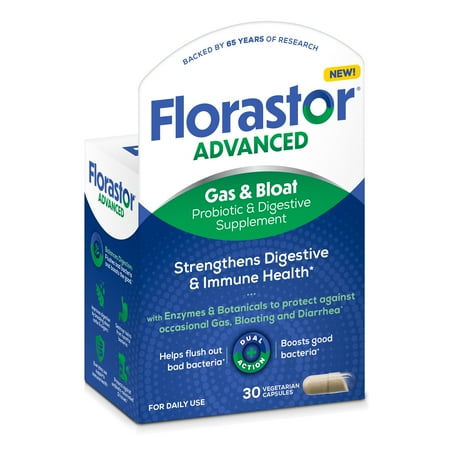 Florastor Unisex Advanced Gas & Bloat Daily Probiotic & Digestive Supplement Capsules, 30 Count