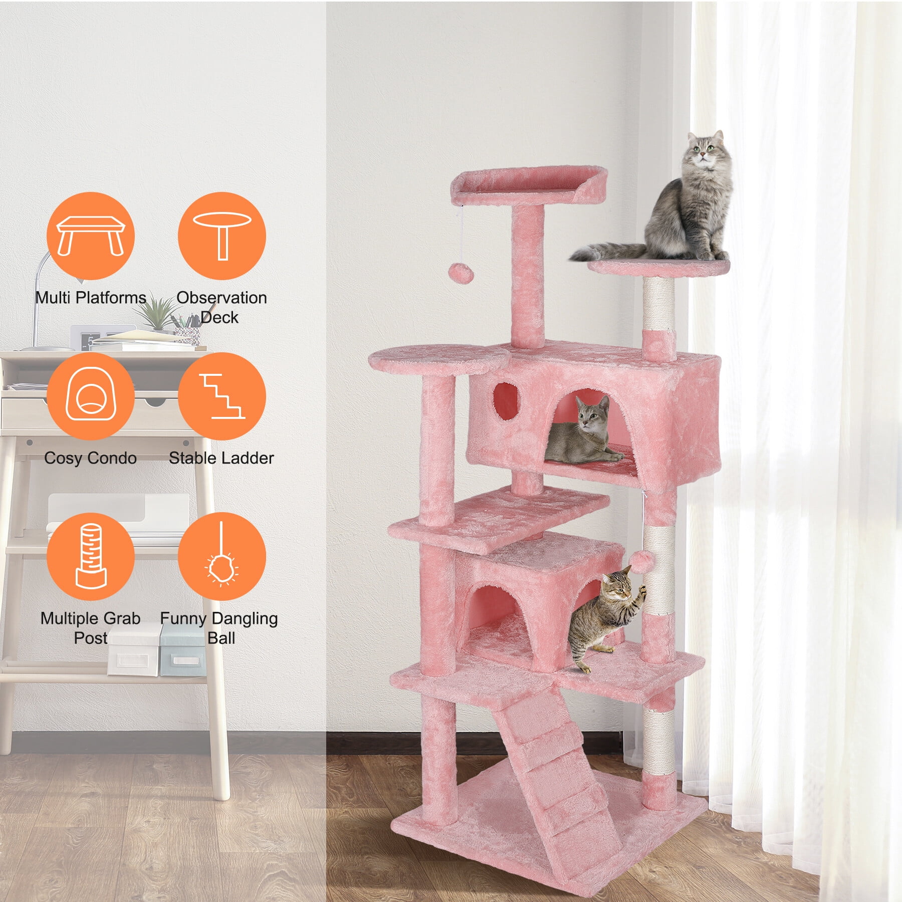 ZENY 55" Cat Tree Multi-Levels Condos Scratching Post Tower Play House, Pink