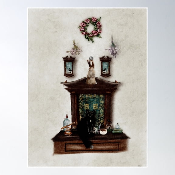 Gothic Watercolor Witches Alter With A Black Cat Familiar Dark Academia Aesthetic Poster Wall Art, Modern Wall Decor, 8x12 UNFRAMED