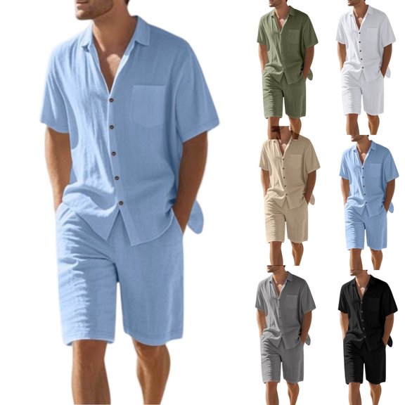 Men's Linen Vacation 2-Piece Beach Set, Solid Color Lightweight Button-Down Pocket Shirt and Elastic Waist Shorts, Summer Outfit For Holiday,Army Green,L