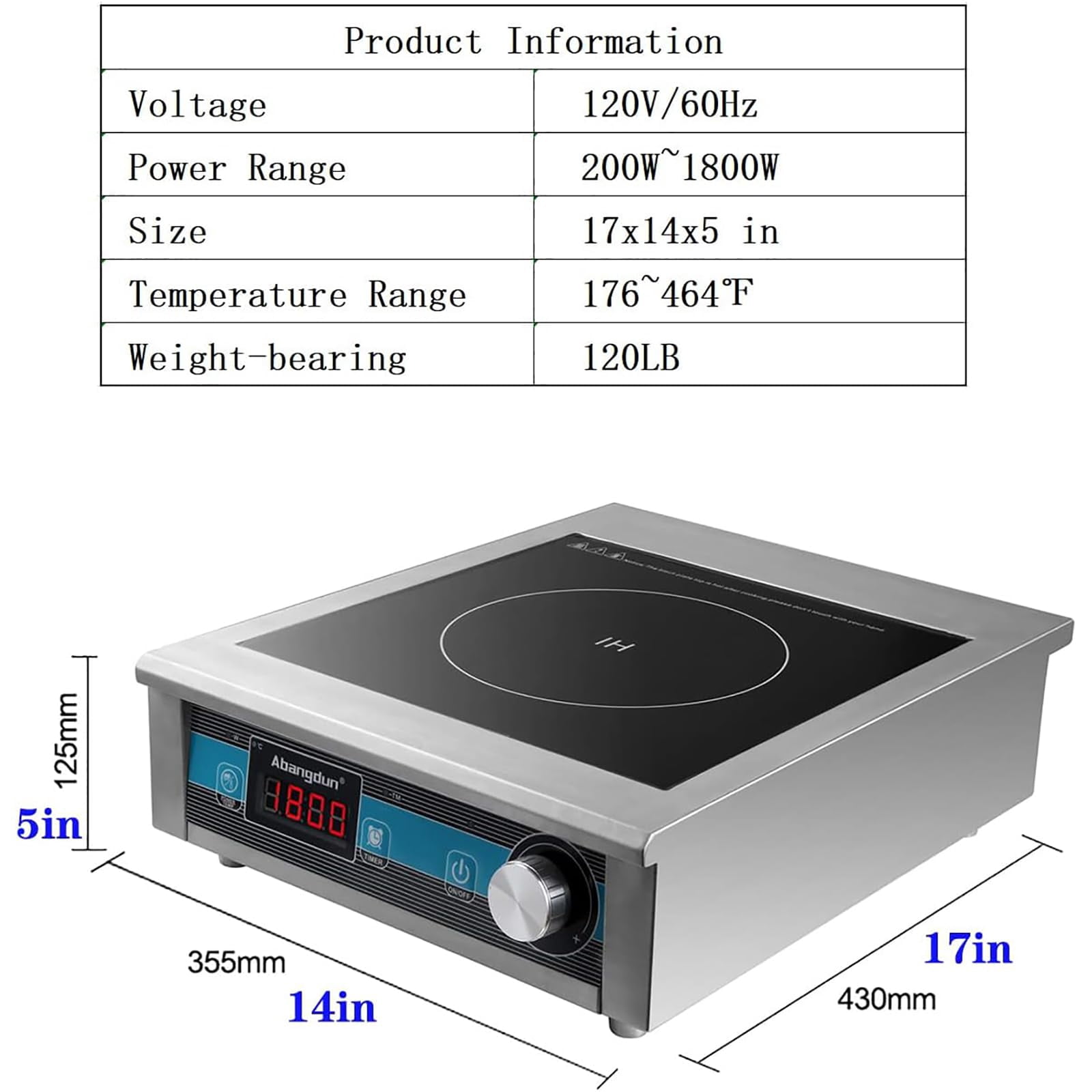 Abangdun 1800W 85V~120V 2026 New Induction Cooktop Commercial Grade Countertop Burner 9 Inch Heating Coil Hot Plate Electric Stove
