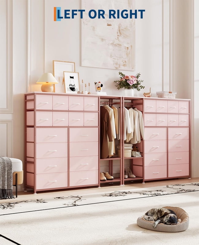 TROPOW Tall Dresser for Bedroom with 16 Drawers & Clothes Rack & 2 Storage Shelves, Fabric Dressers & Chests of Drawers, Large Closet Dresser for Storage and Organization