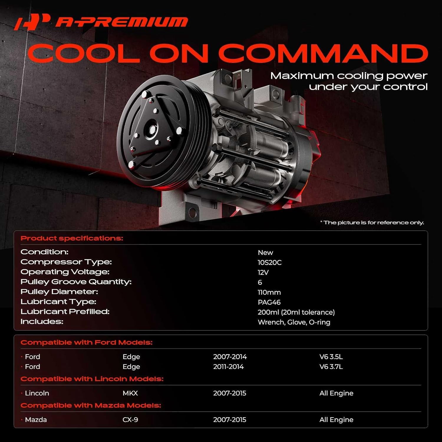 A-Premium Air Conditioner AC Compressor with Clutch Compatible with Ford Edge 2007-2014 & Lincoln MKX & Mazda CX-9 2007-2015, 3.5L 3.7L