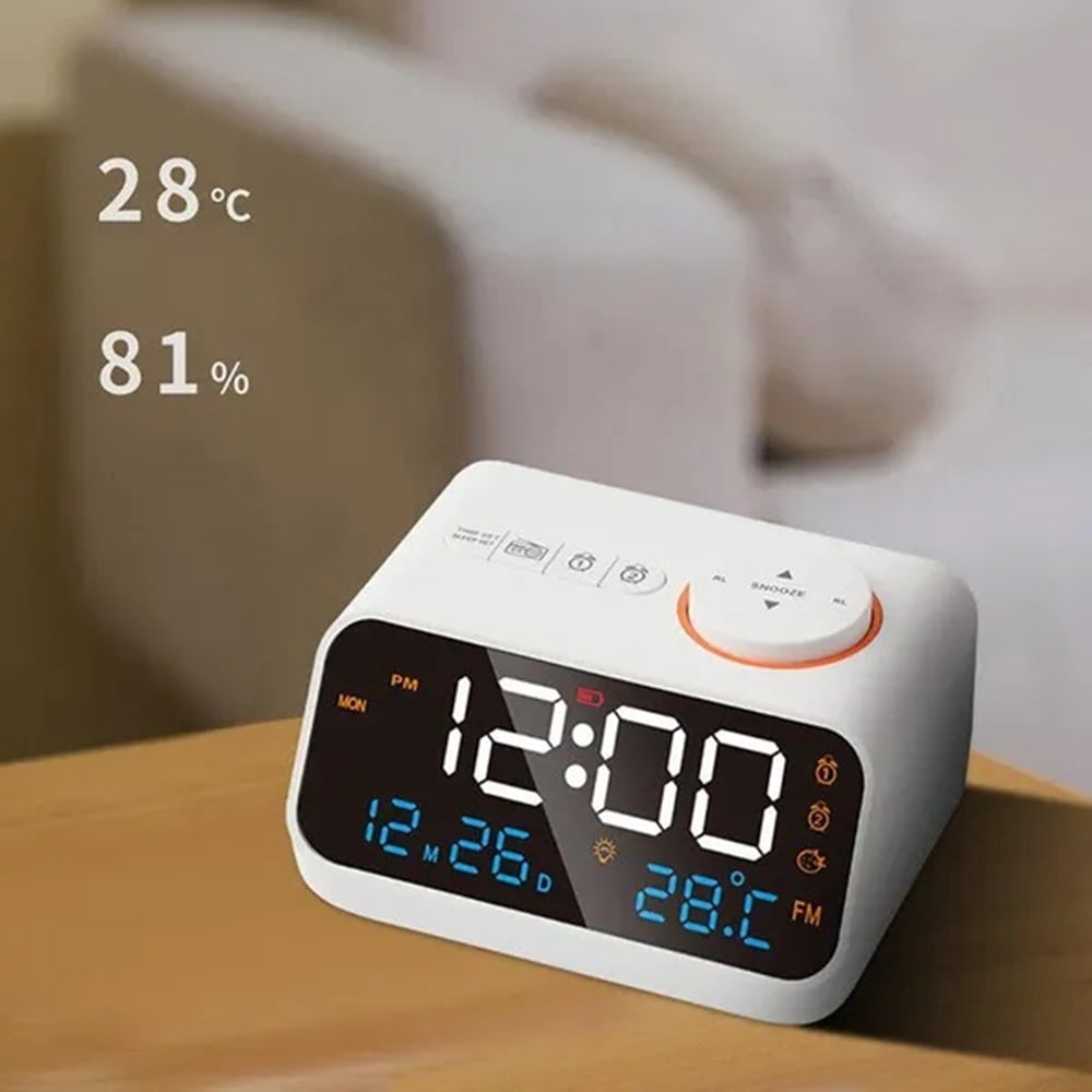 Mordern FM Radio LED Alarm Clock for Bedside Wake Up. Digital Table Calendar with Temperature Thermometer Humidity Hygrometer