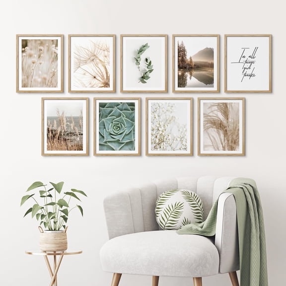 PixonSign Framed Canvas Print Wall Art Set - Calming Botanicals Elegant Floral Poster Art - Set of 9 Nature Wilderness Floral Plants Photography Wall Décor for Living Room - 12"x16" Natural