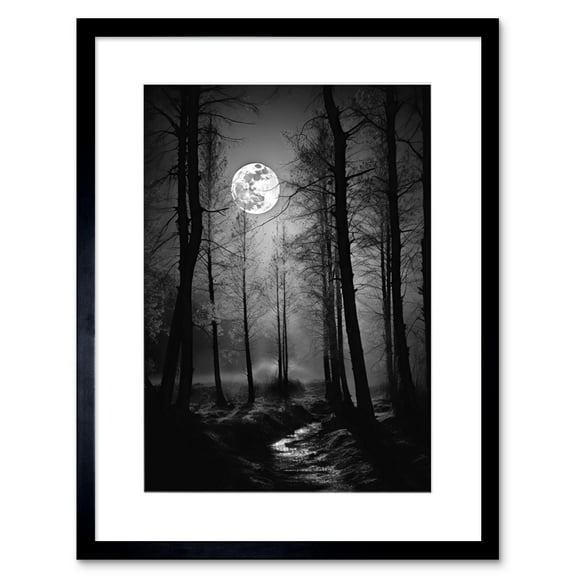 Full Moon Over Misty Forest Black and White Photo Artwork Framed Wall Art Print 9X7 Inch