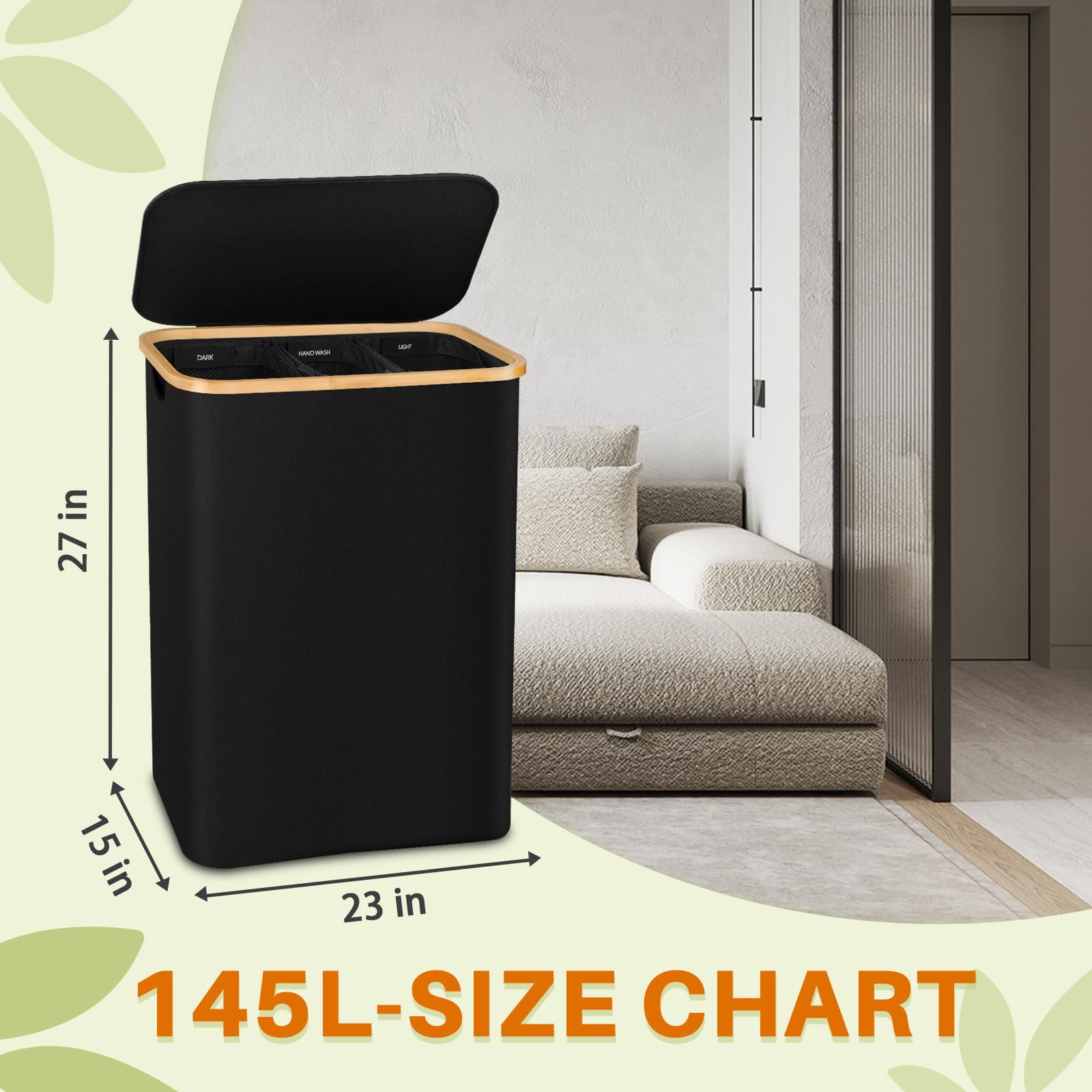 Ultimate Laundry Sorter: 145L Hamper with 3 Removable Bags & Lid - Extra Large Foldable Basket for Bedroom or Laundry Room, Black, Labels for Sorting Clothes