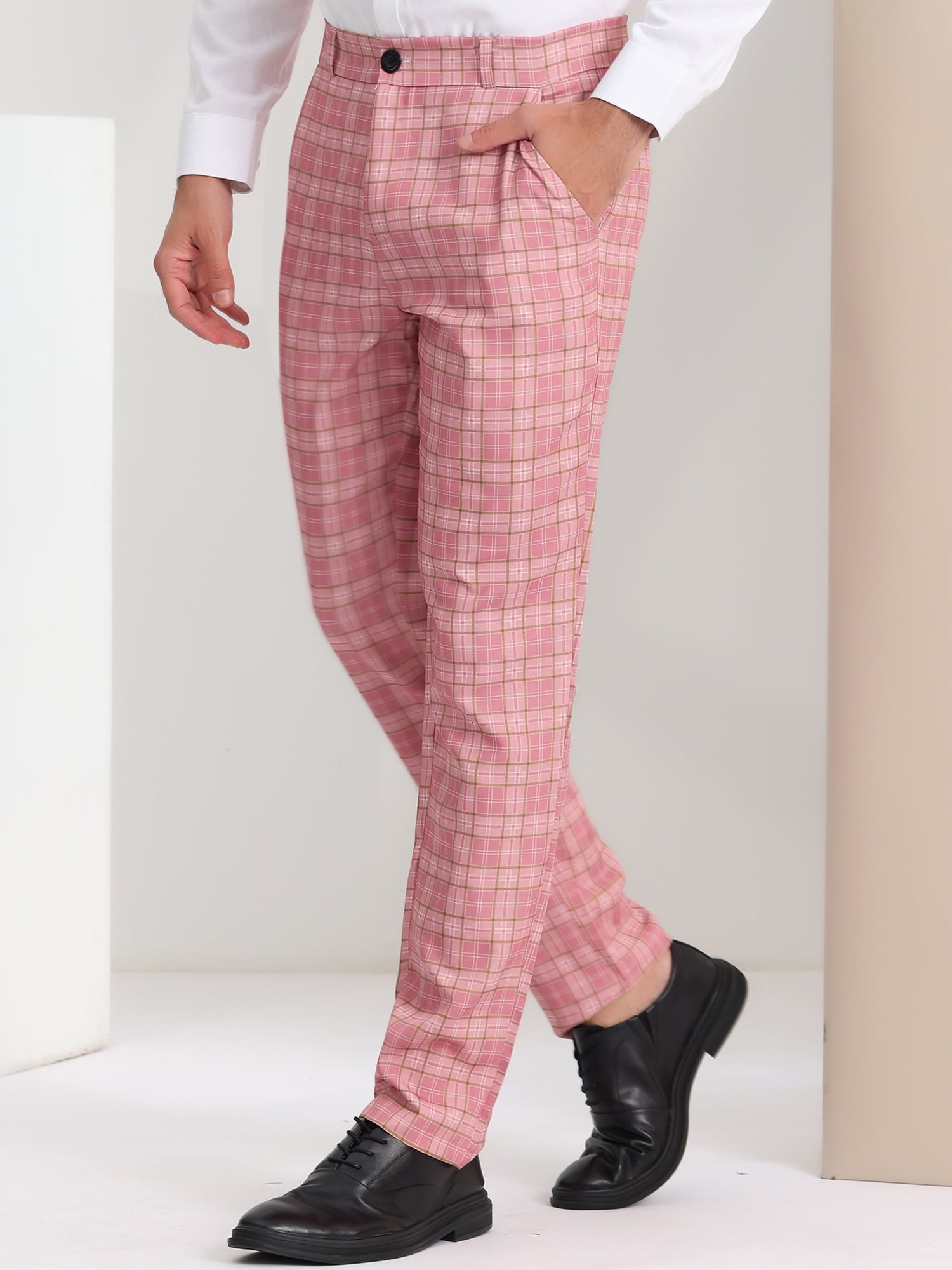Unique Bargains Men's Dress Pants Casual Flat Front Stretch Business Plaid Pants 30 Pink White
